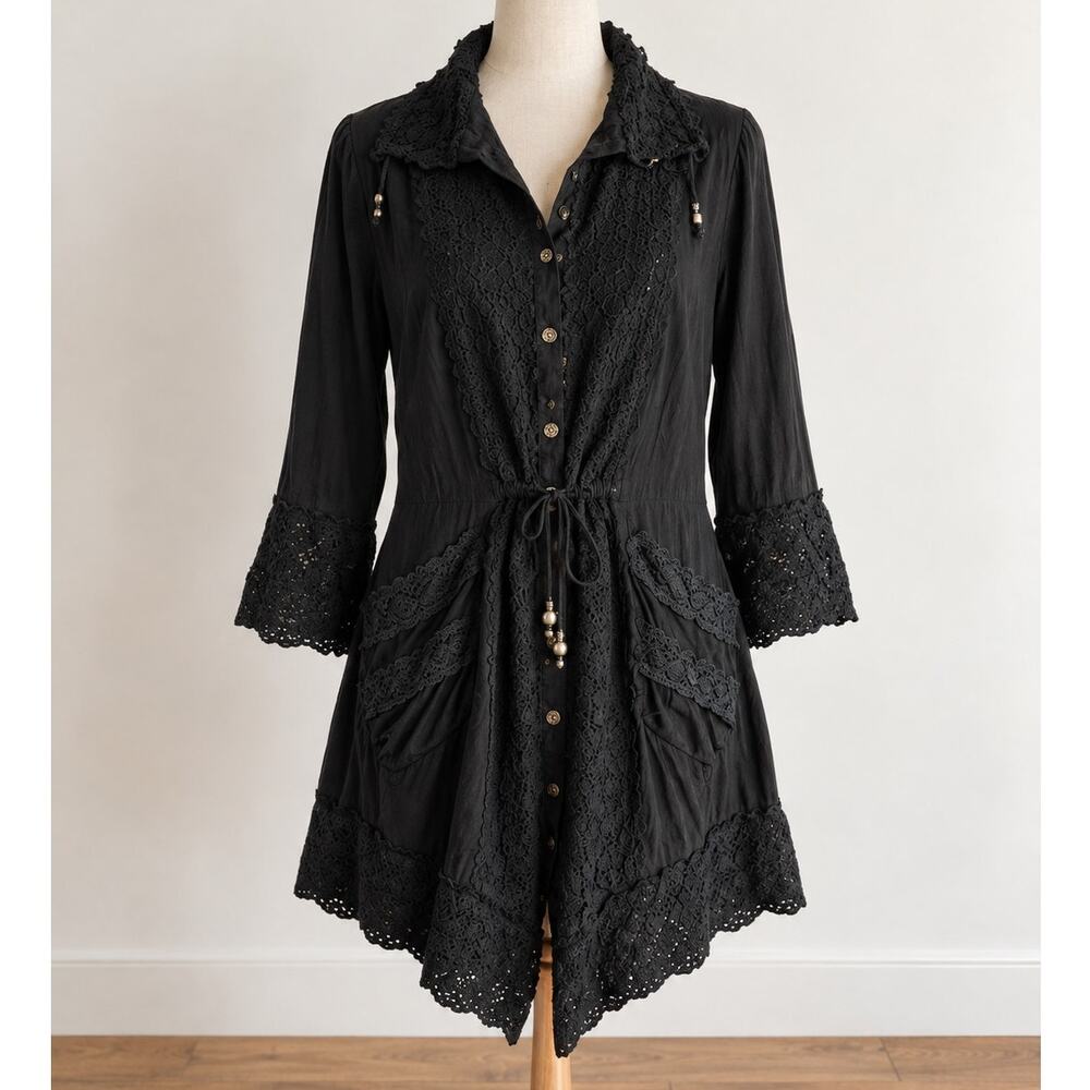 Vintage Parisline Black Linen Lace Mini Dress Tunic Witchy Whimsigoth-Large